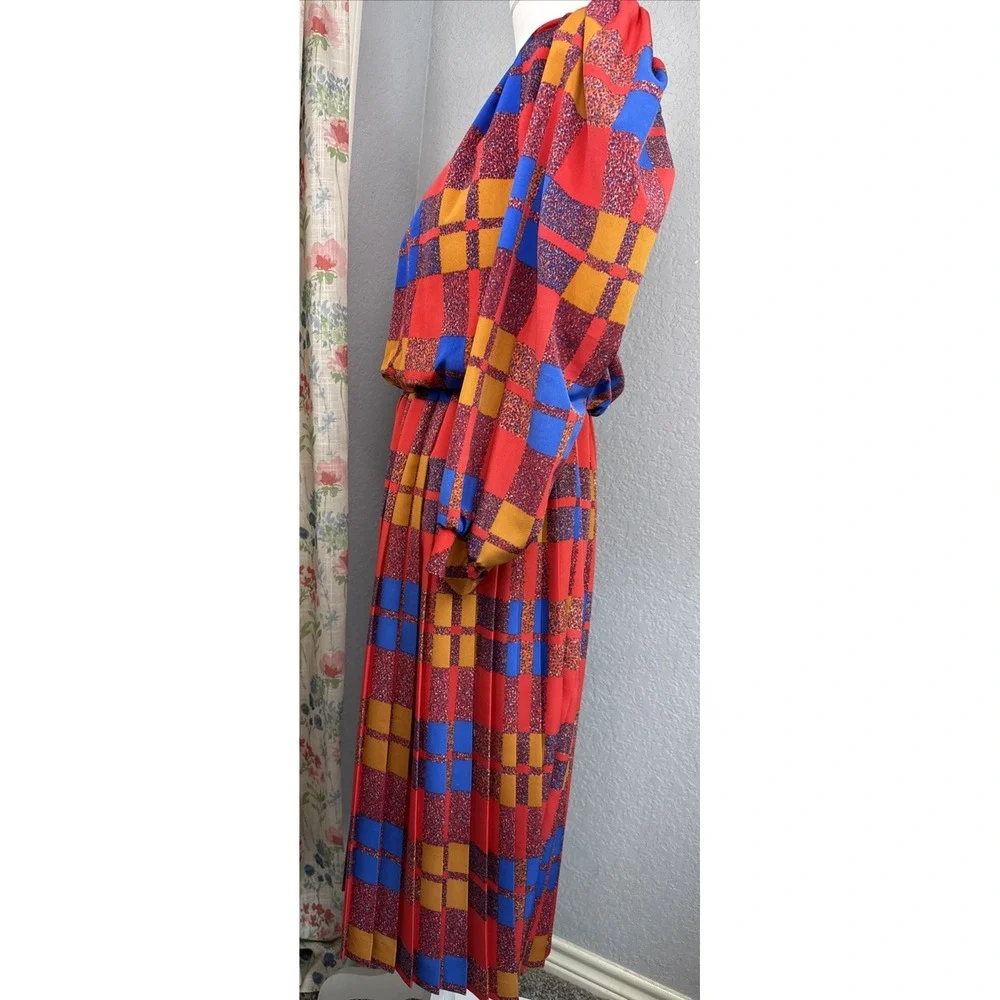 VTG‎ 80s Patchwork Eileen Scott Pleated Secretary Geek Dress USA  Long Sleeve